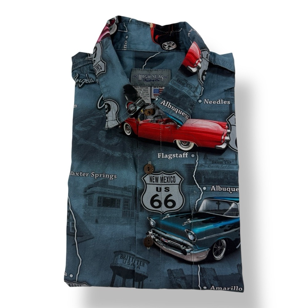 High Seas Trading Co Blue Cotton Route 66 Print Shirt Made USA Men's Size Medium
